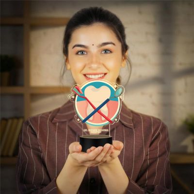 Personalized Dentist LED Night Lamp with Tooth and Dental Tools Design, Warm White Acrylic Light with Black Base Gift for Dentist Nightlight for Dental Clinic